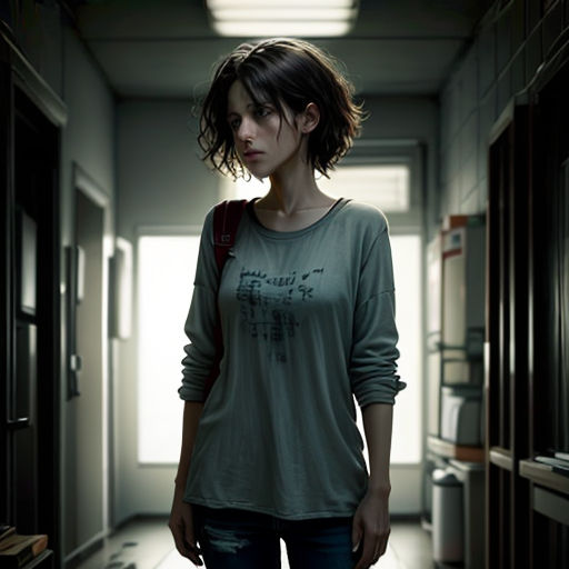 a woman standing in a hallway with a backpack on her shoulder and a backpack on her shoulder, in front of a door