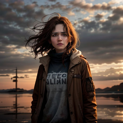 a woman standing on a beach with her hair in the wind and a cloudy sky in the background with a boat in the water