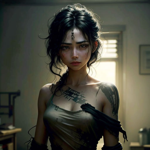 a woman with a tattoo on her shoulder and a dress on her body, standing in a room with a window
