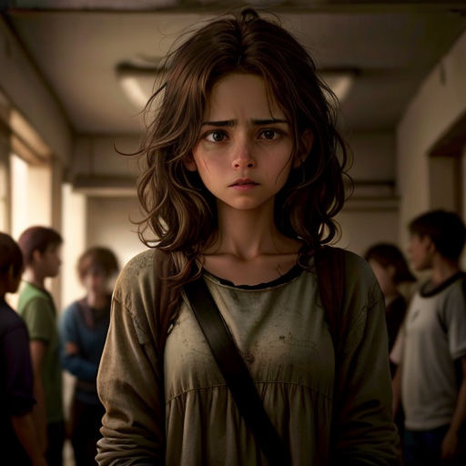 a woman standing in a hallway with a group of people behind her looking at the camera with a serious look on her face