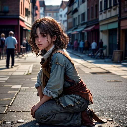 a young girl sitting on the side of a street next to a fire hydrant and a man walking by