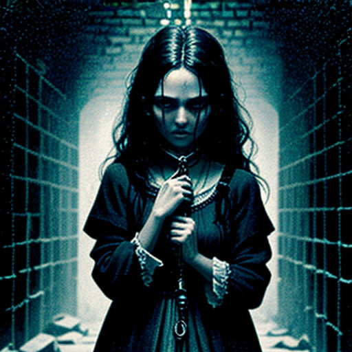 a woman standing in a hallway with a cross on her shoulder and a chain around her neck, holding a cross