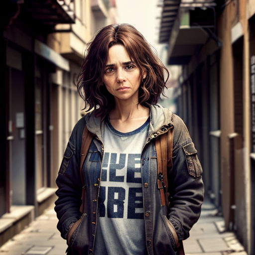 a woman standing on a street with a backpack on her shoulder and a t - shirt on her shoulder