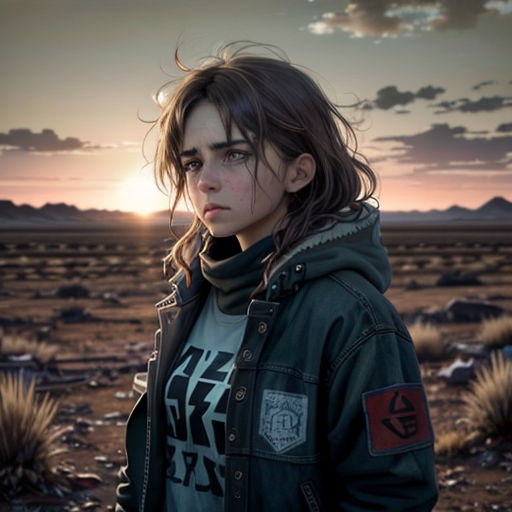 a woman standing in a desert with a sunset behind her and a sky background with clouds and mountains in the distance