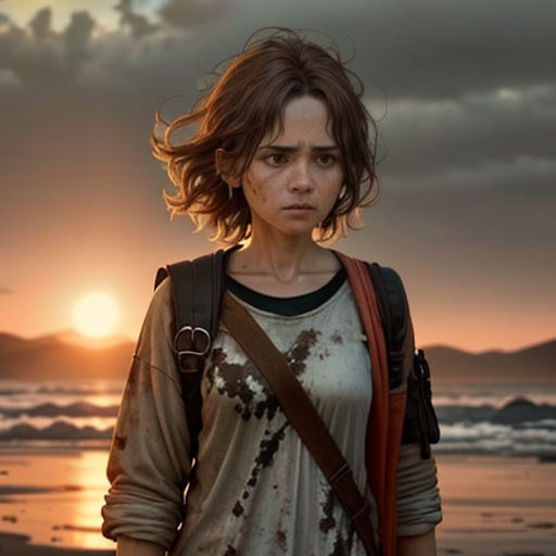 a woman standing on a beach at sunset with a backpack on her shoulder and a backpack on her shoulder