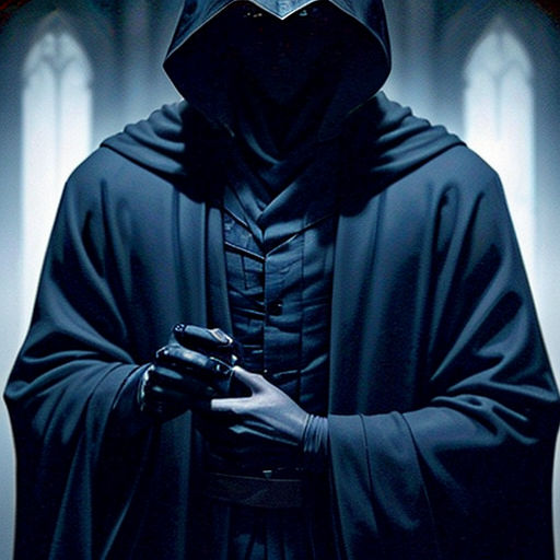 a man in a hooded robe holding a cell phone in his hand and looking at the camera with a creepy look on his face