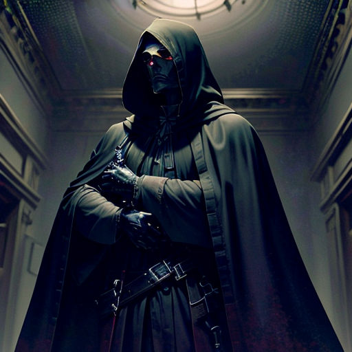 a man in a hooded robe and mask standing in a hallway with a clock in the background and a clock on the wall