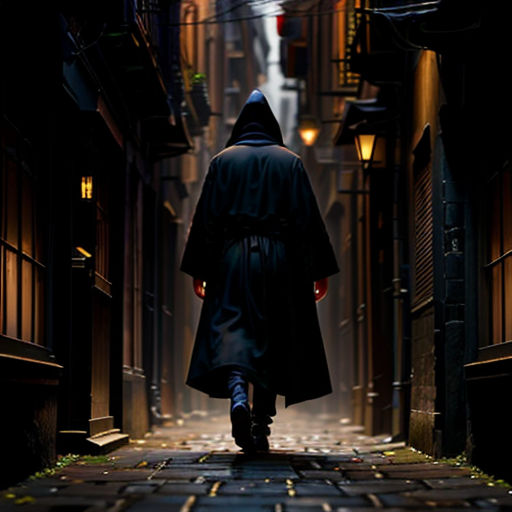 a man in a black robe walking down a dark alley way with a black coat on and a black hat on