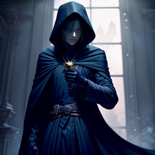 a man in a hooded robe holding a wand in his hand and a window behind him with a light shining through