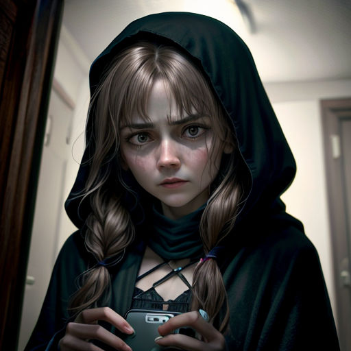 a girl in a hooded sweatshirt holding a cell phone in a hallway with a mirror behind her and a door in the background