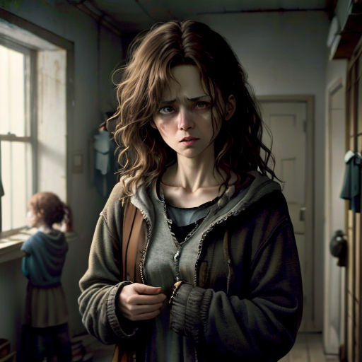 a woman standing in a room with a child looking out the window and another person standing in the background
