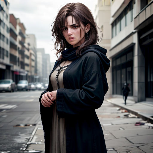 a woman standing on a street corner in a black coat and a black scarf on her head and a black coat on her shoulders