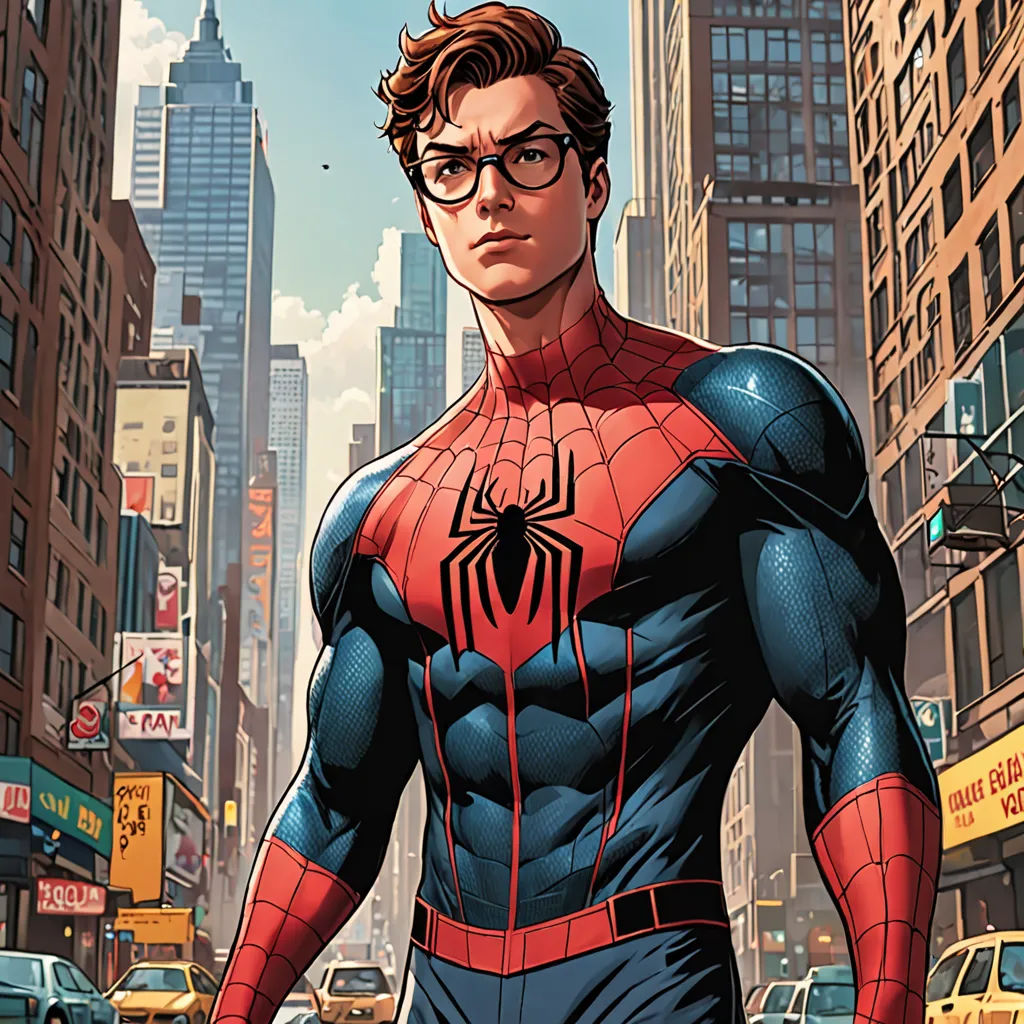 a man in a spider suit is standing in the street with a city background and cars and buildings in the background, hyperrealism, a comic book panel, Alton Tobey, official art