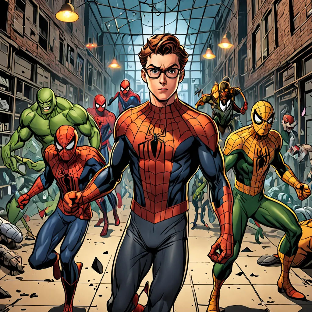 a group of spider - man standing in a city street with other people in the background, with a man in the middle of the picture, antipodeans, a comic book panel, Alton Tobey, comic cover art