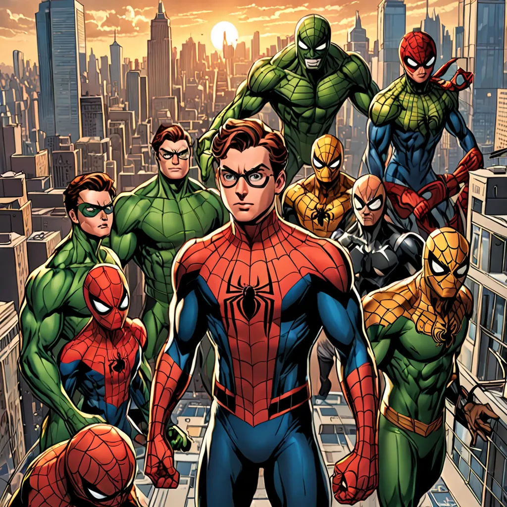 a group of superheros standing on top of a building in front of a city skyline with skyscrapers, antipodeans, a comic book panel, Alton Tobey, comic cover art
