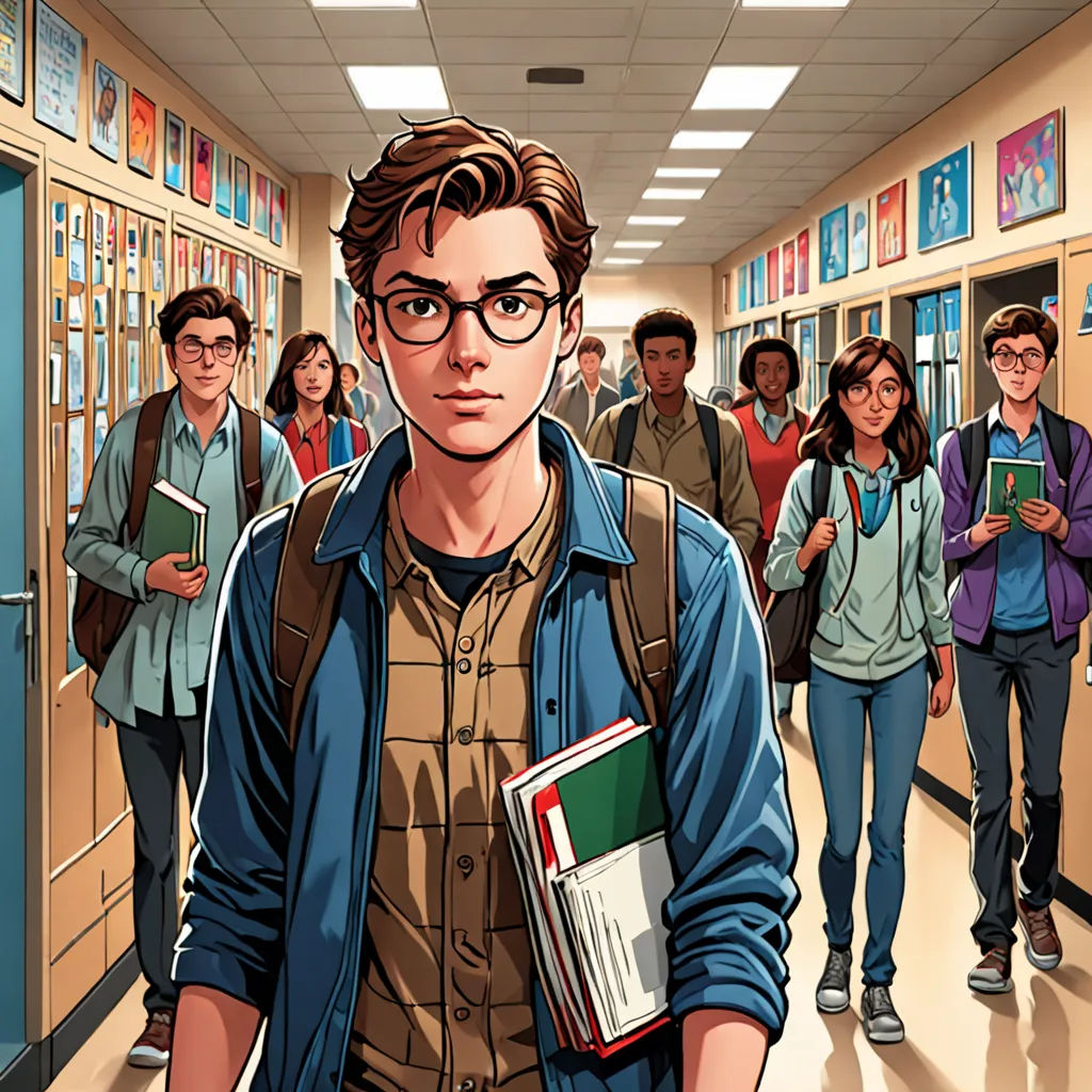a man with a book in his hand and a group of people behind him in a hallway with lockers, academic art, a comic book panel, Alton Tobey, comic cover art