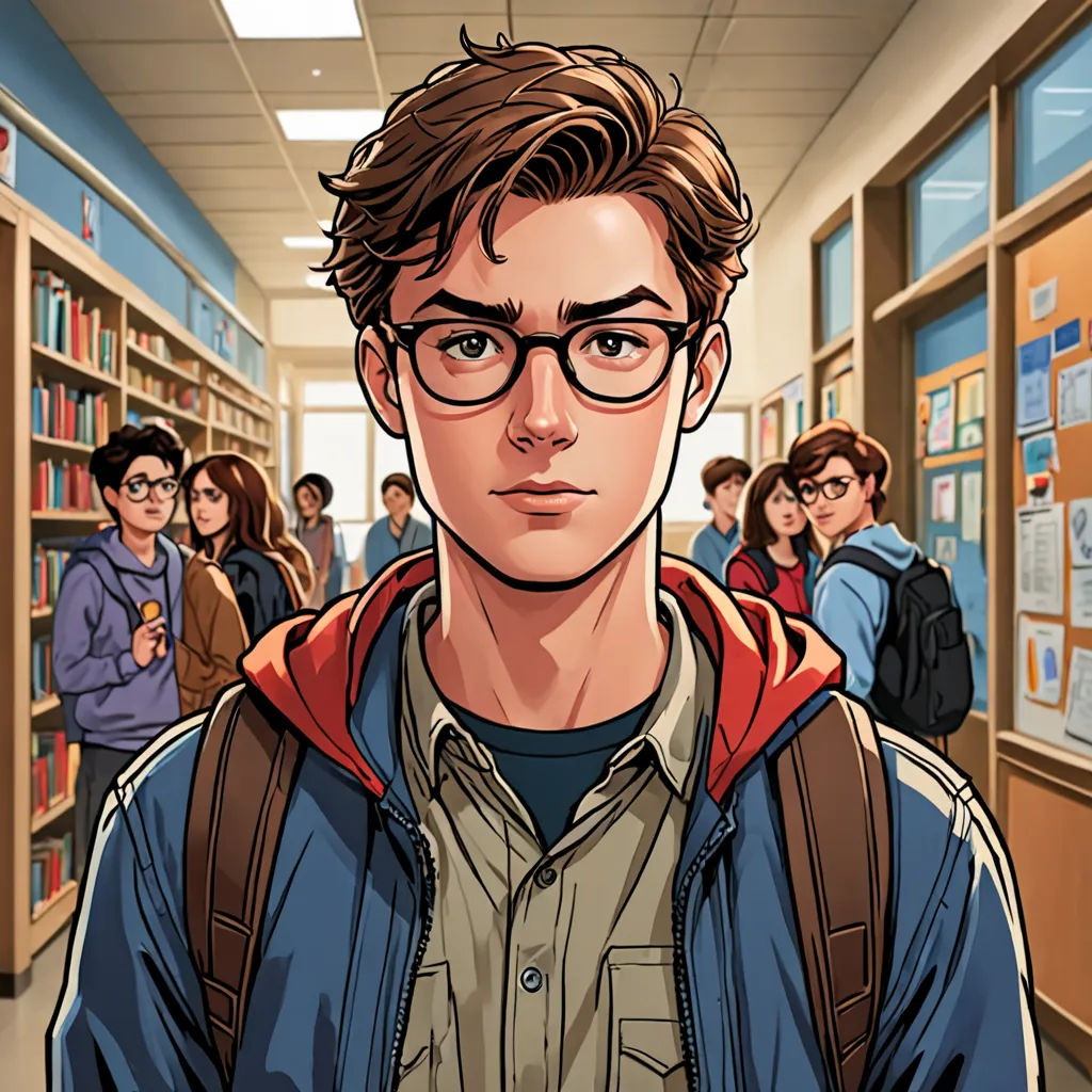 a man with glasses and a backpack in a library with a crowd of people behind him and a cartoon of him, sots art, a comic book panel, Clark Voorhees, comic cover art