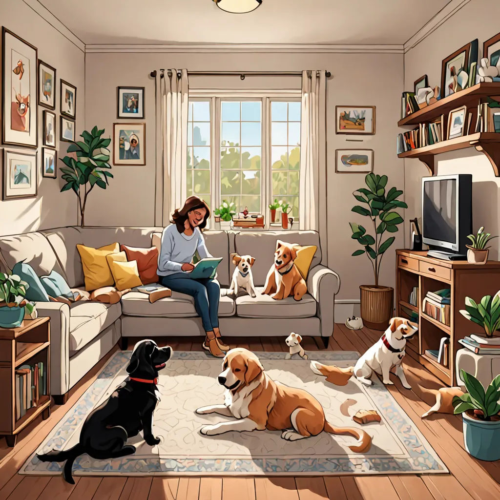 a woman sitting on a couch with dogs in a living room with a rug on the floor and a television on, furry art, a storybook illustration, Chris LaBrooy, detailed illustration