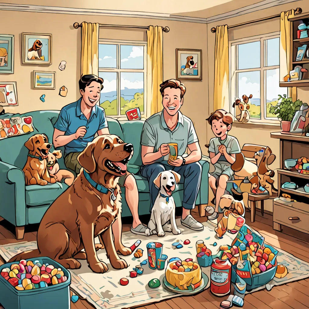 a family sitting on a couch with a dog and a dog on the floor in front of them and a cake on the floor, lyco art, a storybook illustration, Chris LaBrooy, official art