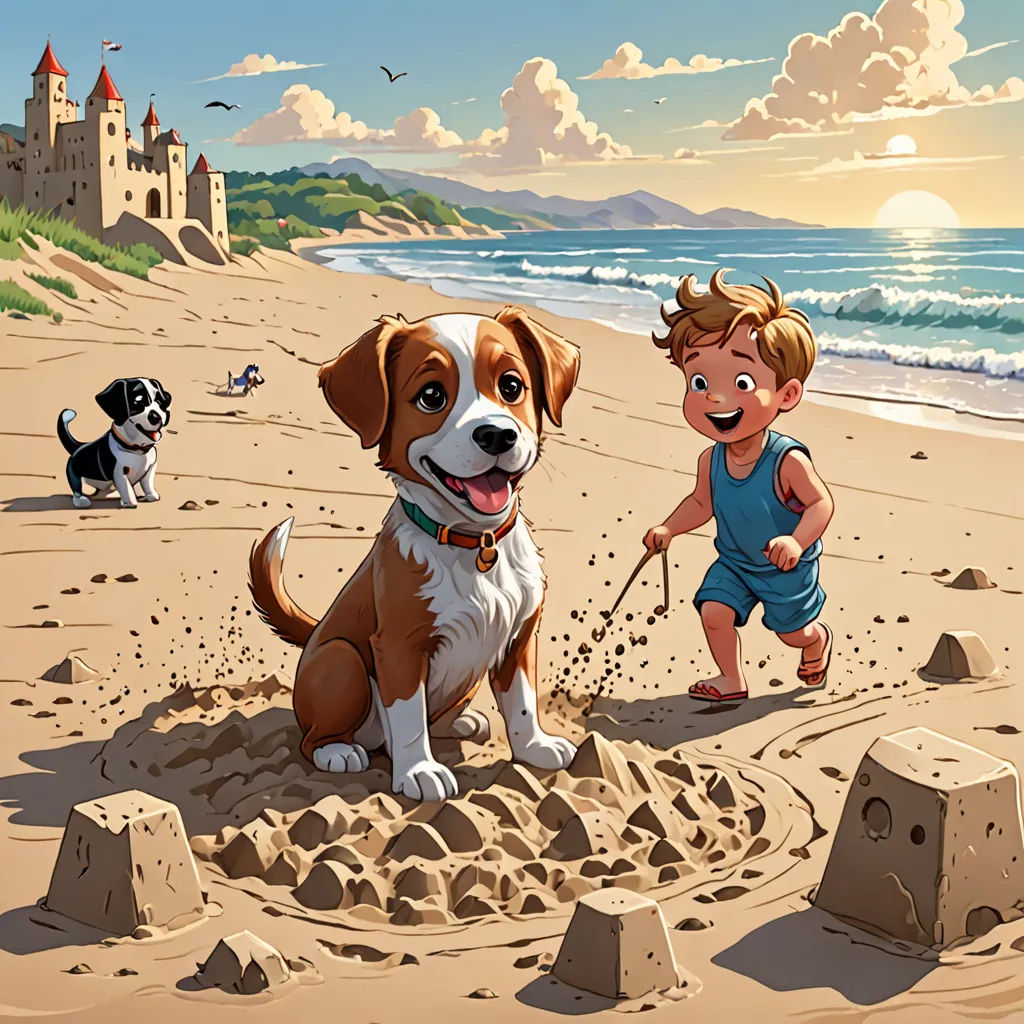 a boy and a dog are playing in the sand on the beach with a castle in the background and a dog on the beach, sots art, a storybook illustration, Cyril Rolando, official art