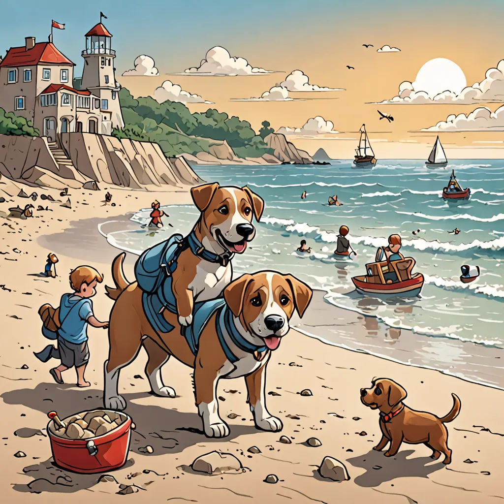 a couple of dogs standing on top of a sandy beach next to the ocean with a boat in the background, american scene painting, a storybook illustration, Chris LaBrooy, detailed illustration