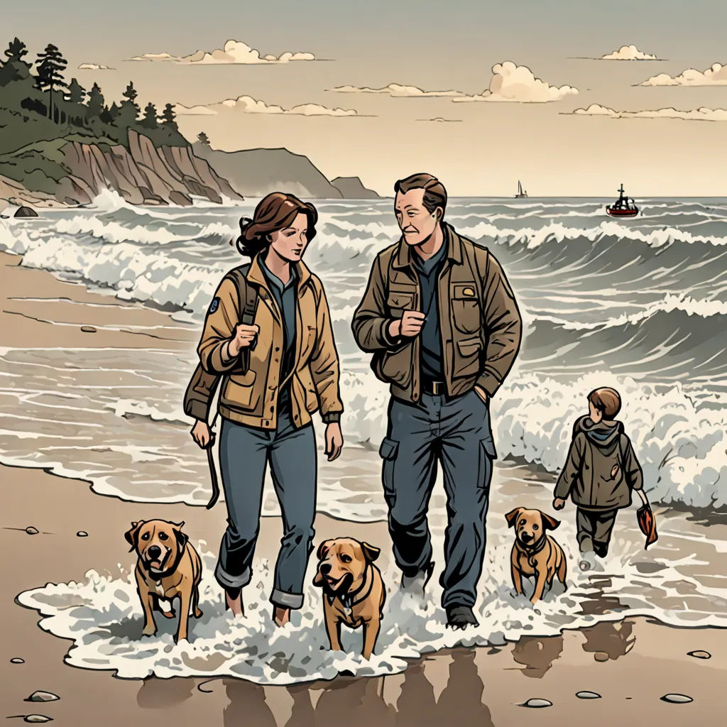 a man and woman walking along a beach with dogs on a leash next to the ocean and a boat, american realism, a comic book panel, F Scott Hess, promotional image