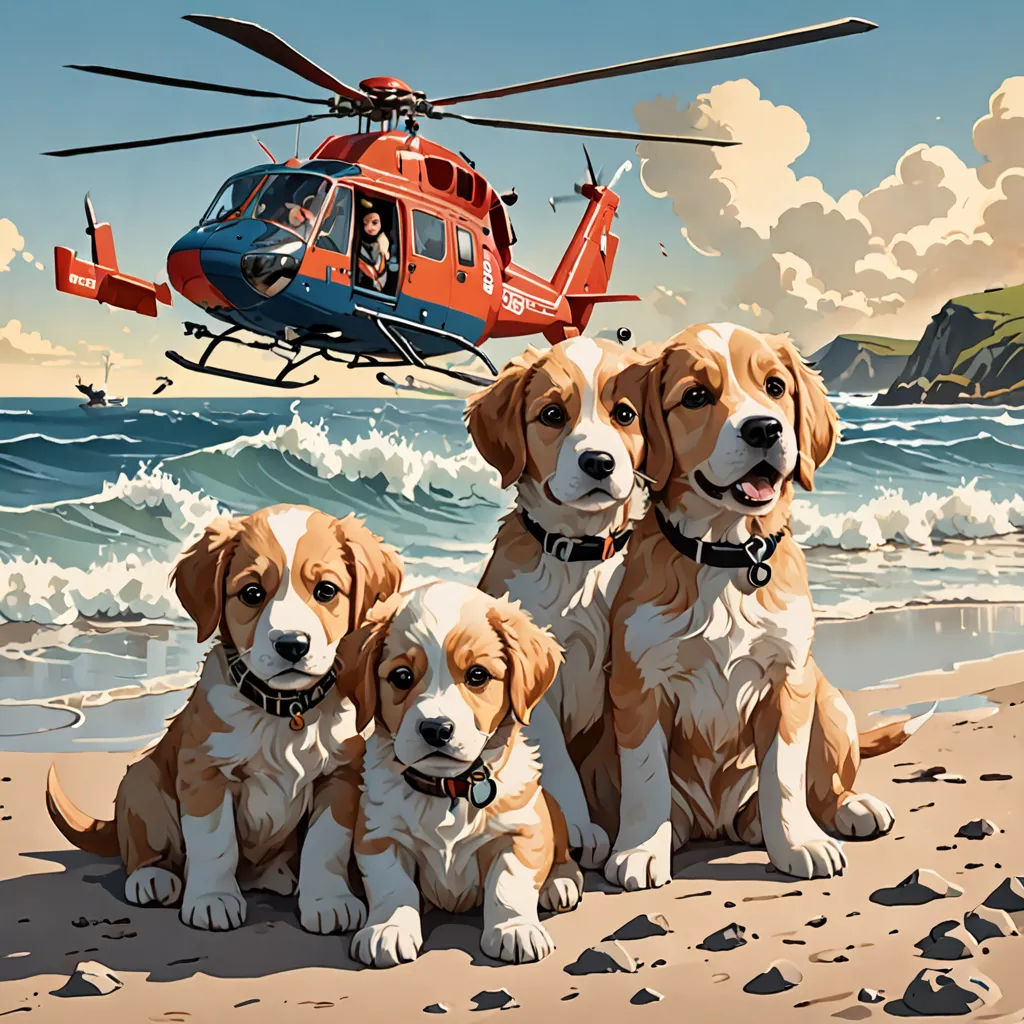 a painting of three dogs on the beach with a helicopter in the background and a person in the foreground, american scene painting, a fine art painting, Dan Mumford, highly detailed digital painting