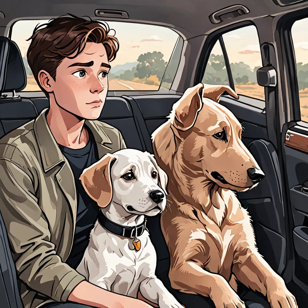 a man sitting in a car with two dogs in front of him and a dog sitting on the passenger seat, serial art, a comic book panel, Diego Gisbert Llorens, official art