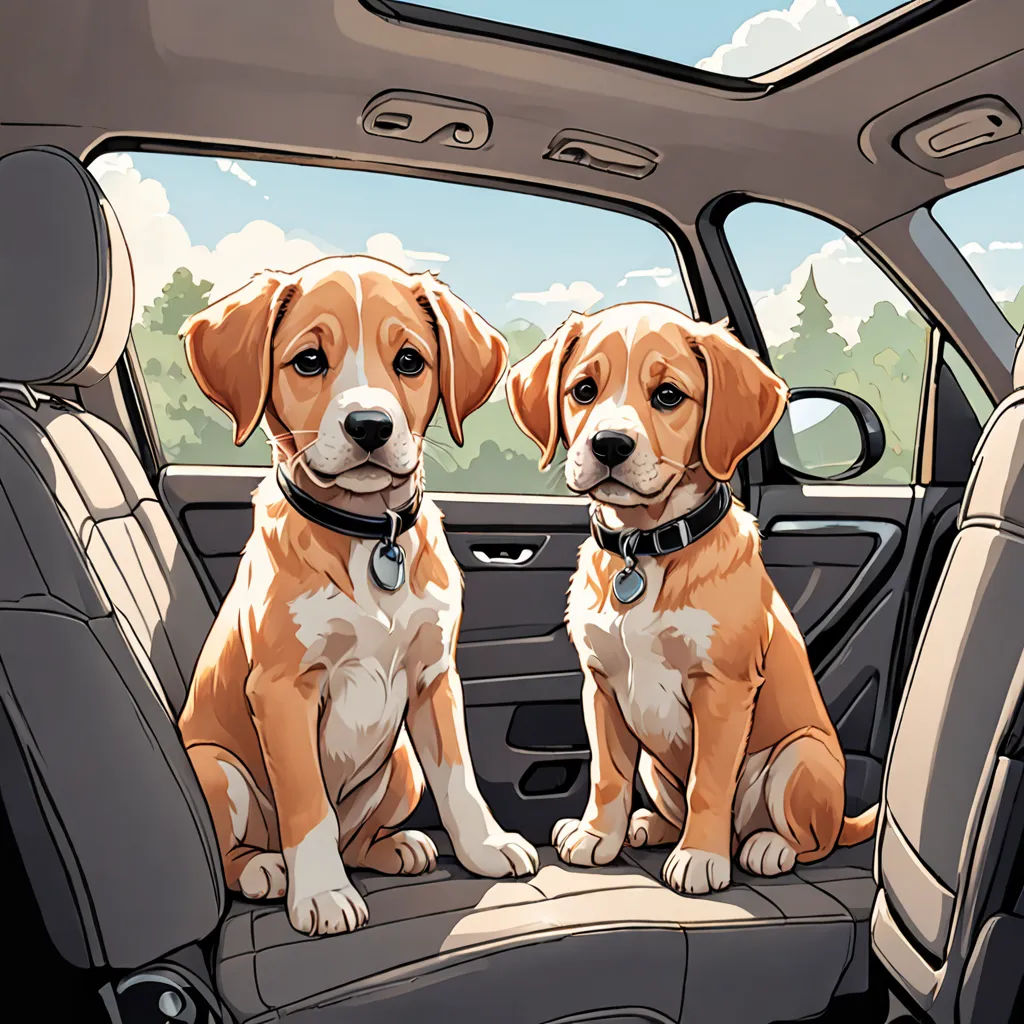 two dogs sitting in the back seat of a car looking out the window at the scenery outside the car, furry art, a comic book panel, Dan Mumford, official art