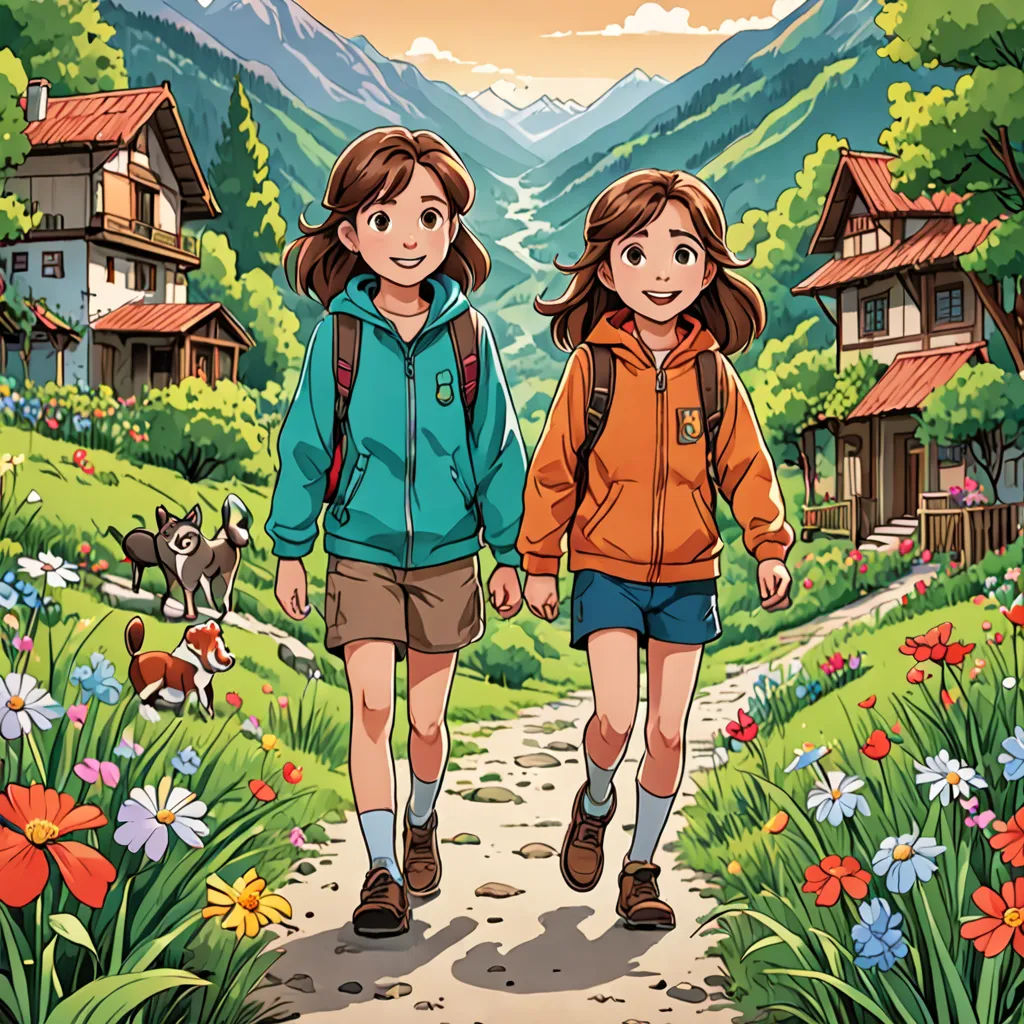 two children walking down a path in a mountain village with flowers and a dog on the other side of the path, environmental art, a storybook illustration, Brothers Hildebrandt, official art
