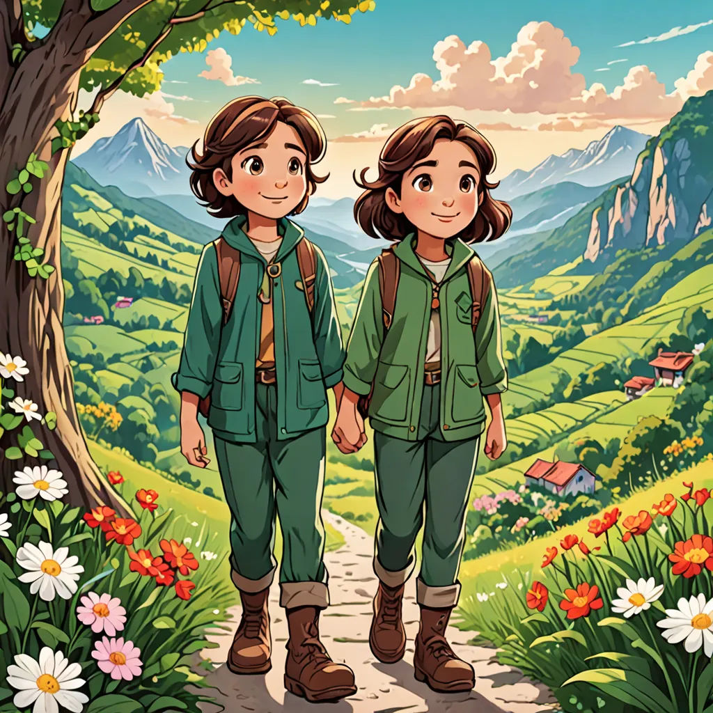 two people standing in front of a tree with mountains in the background and flowers in the foreground, and a valley with flowers in the background, lyco art, a storybook illustration, Diego Gisbert Llorens, official art