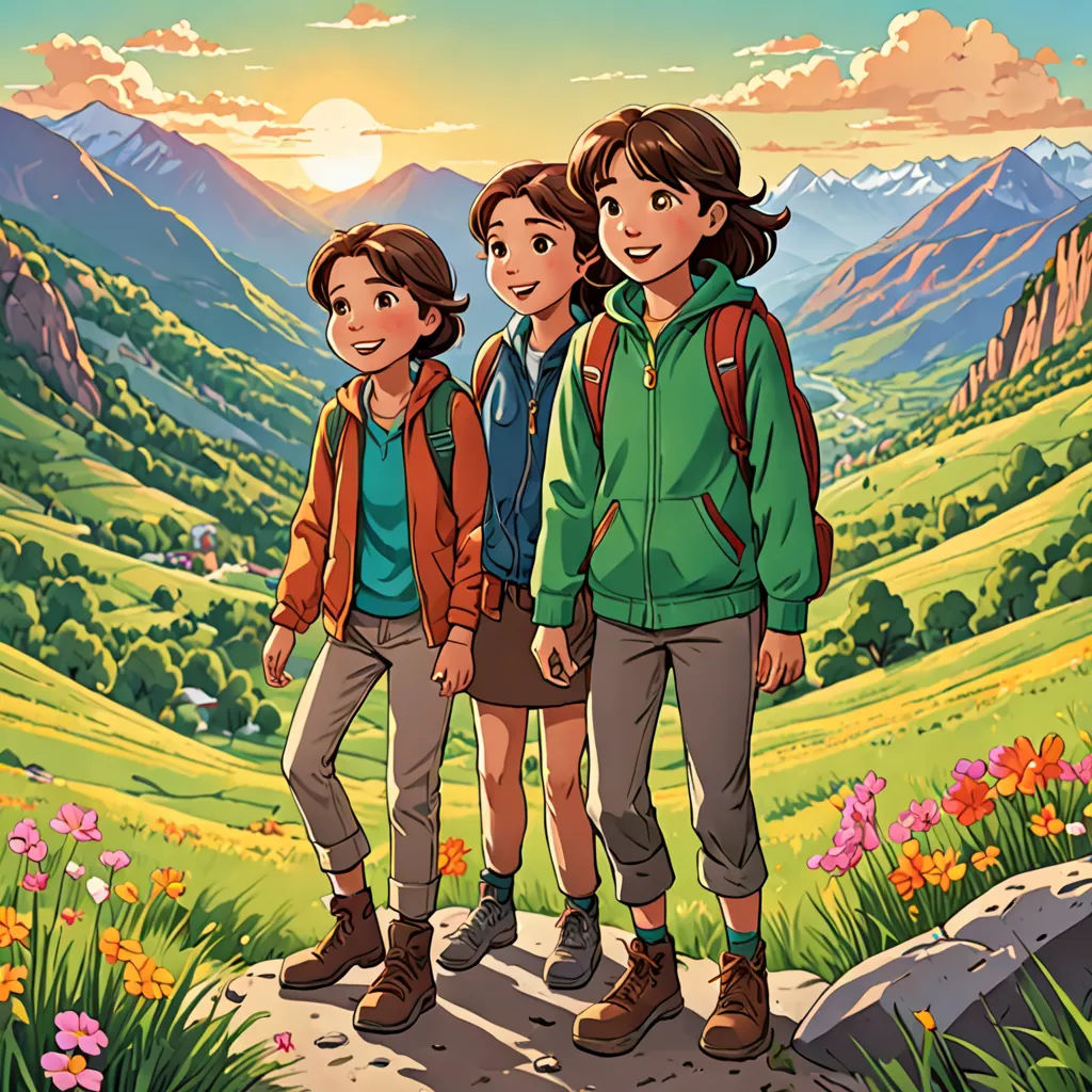 a couple of people standing on top of a lush green hillside next to a mountain range with flowers and a valley, dau-al-set, poster art, Claire Falkenstein, official art