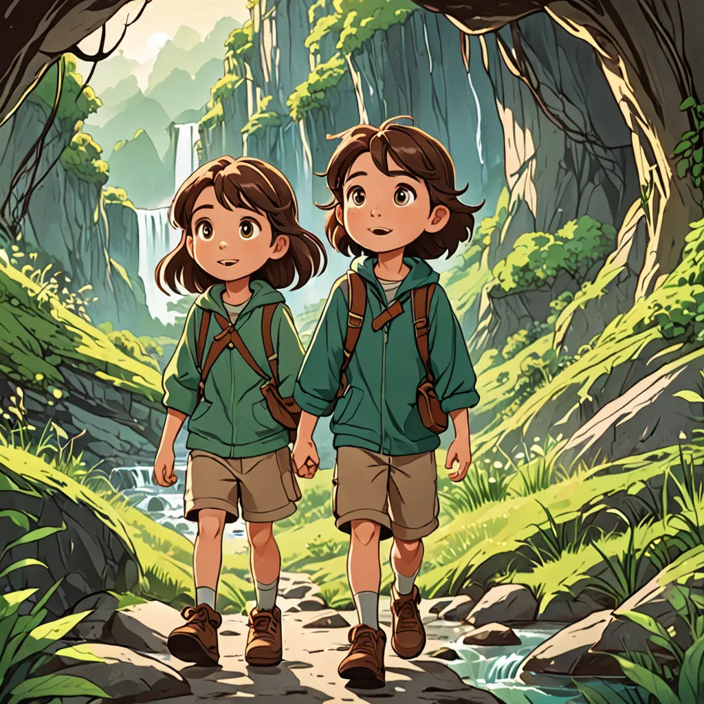two children walking through a cave with a waterfall in the background and a waterfall in the background, with a waterfall in the middle, environmental art, a storybook illustration, Brothers Hildebrandt, rossdraws global illumination