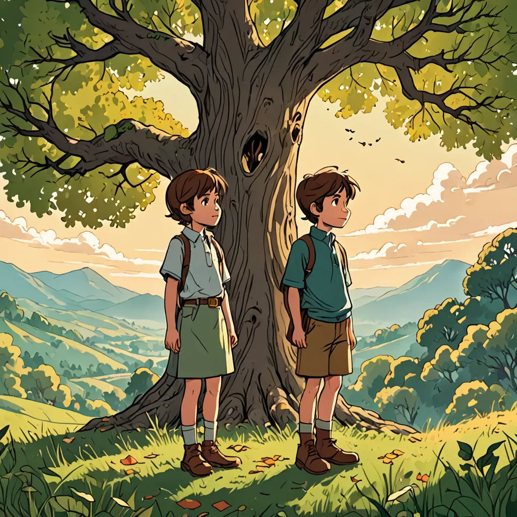 two people standing in front of a tree in a field with mountains in the background and a sky with clouds, environmental art, a storybook illustration, Brothers Hildebrandt, official art