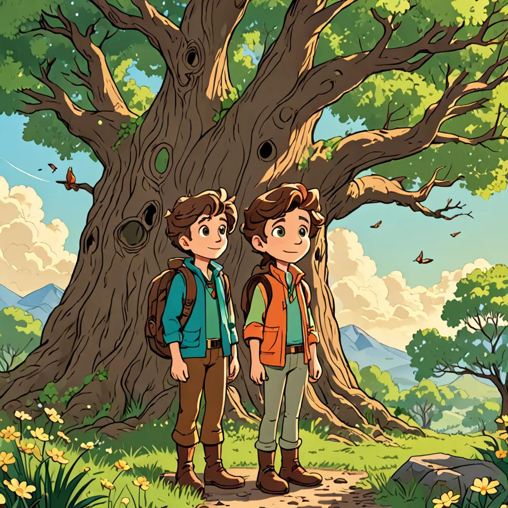 two boys standing in front of a tree with a bird nest in it's mouth and a bird nest in the tree, environmental art, a storybook illustration, Diego Gisbert Llorens, official art