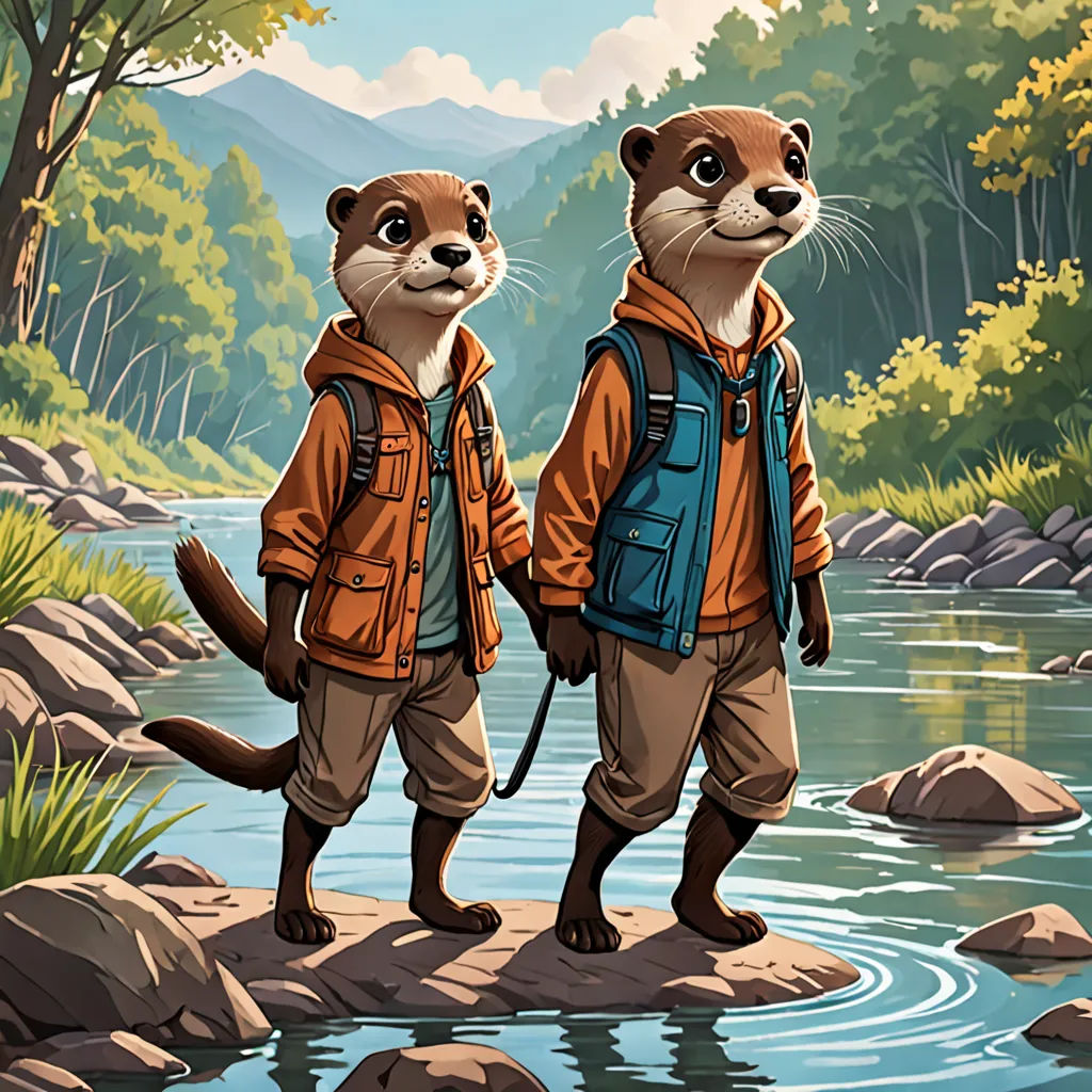 two otters are standing on a rock in the water and one is wearing a backpack and the other is wearing a backpack, furry art, a storybook illustration, Dan Mumford, official art
