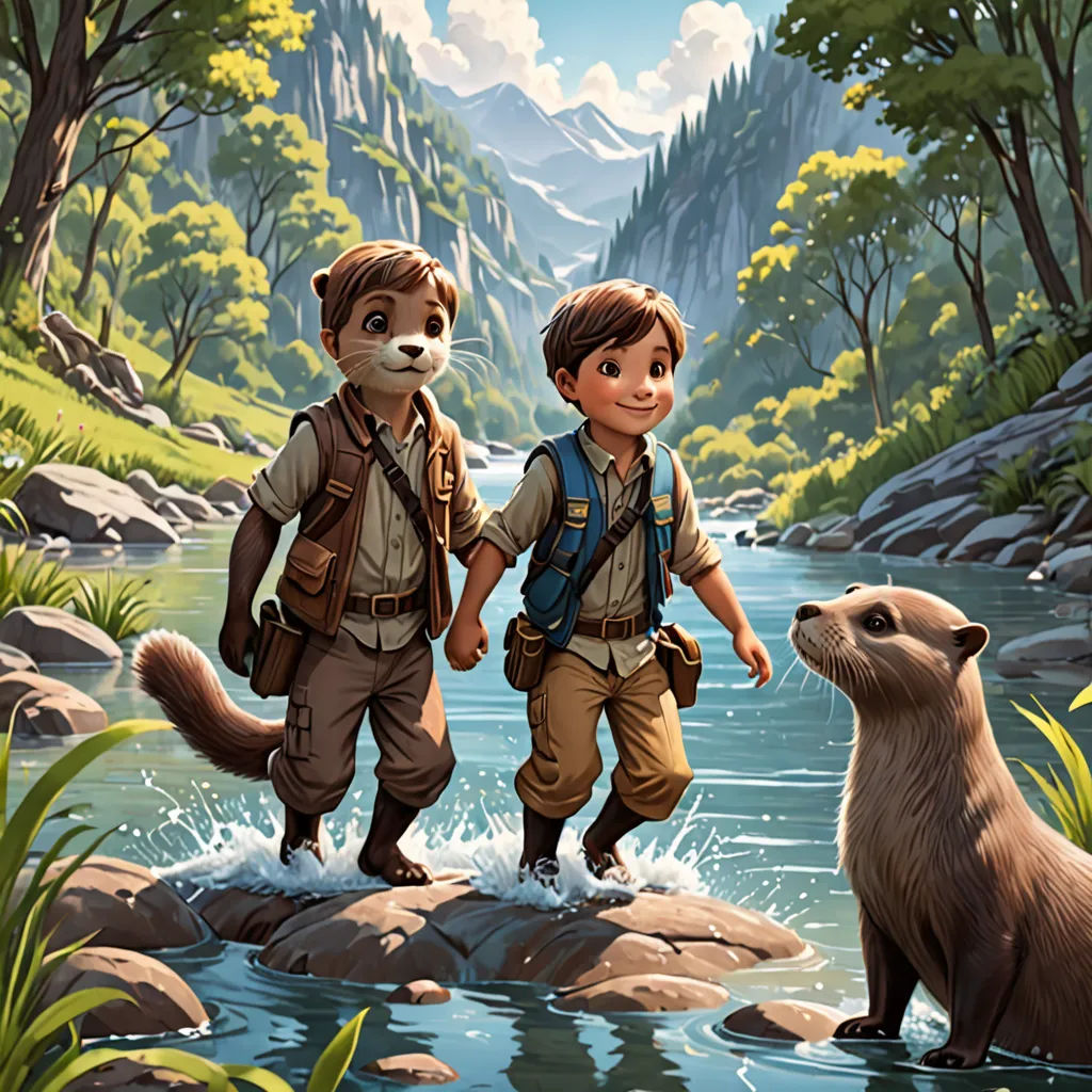 a painting of two people walking across a river with a bear nearby and a mountain in the background with trees, sots art, a storybook illustration, Brothers Hildebrandt, official art