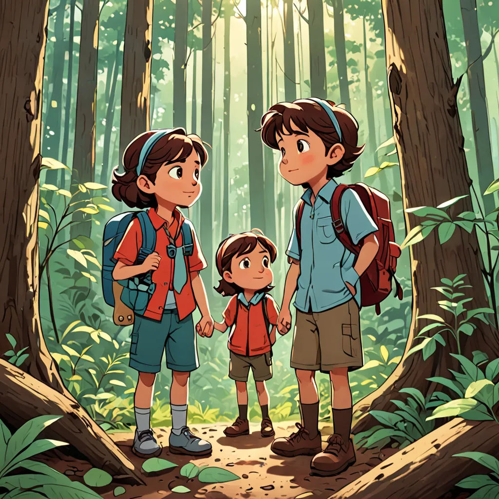 a couple of kids standing next to a little girl in a forest with a backpack on their shoulders and a backpack on their shoulder, serial art, a storybook illustration, Diego Gisbert Llorens, official art