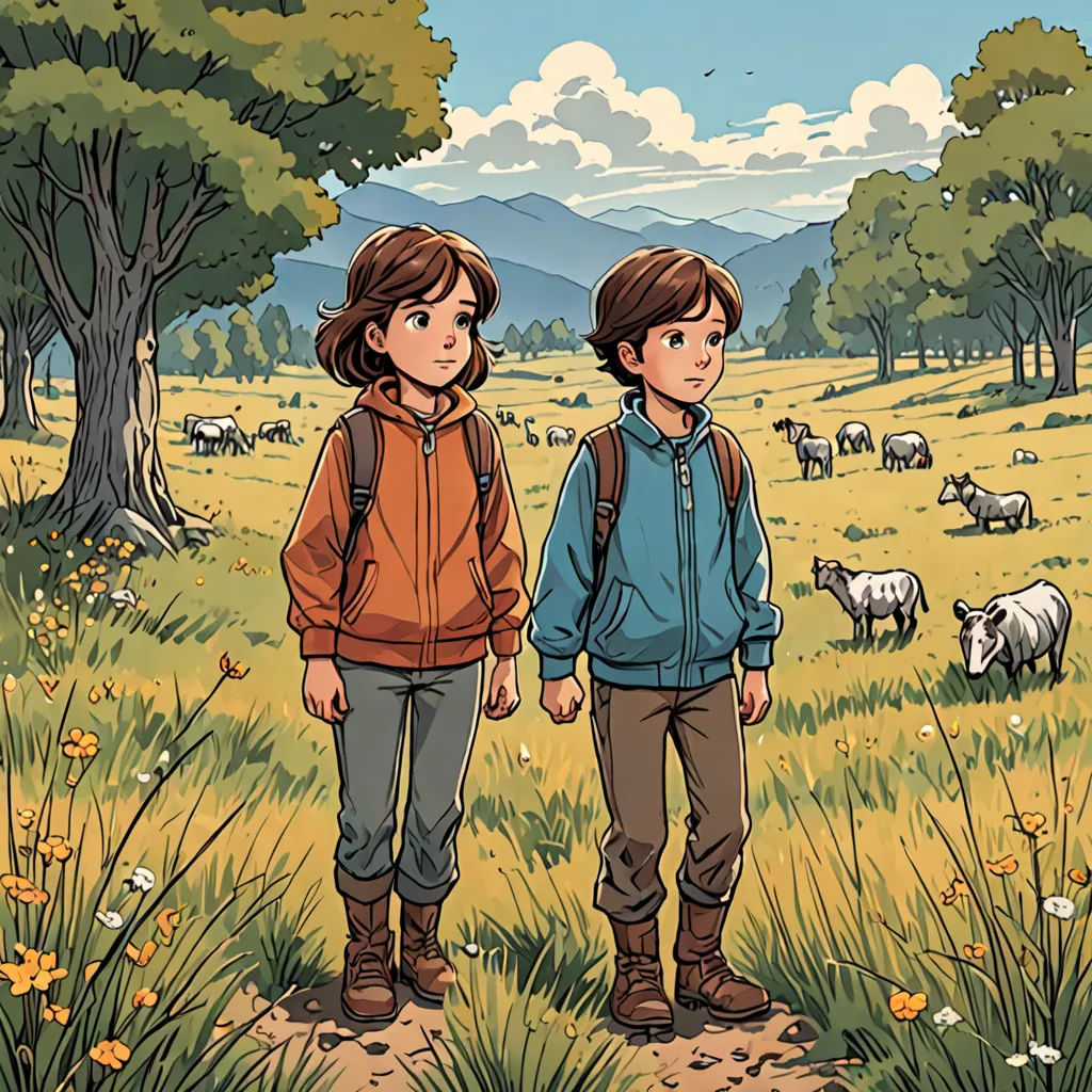 two people standing in a field with animals in the background and trees in the foreground, with a sky background, environmental art, a storybook illustration, Asaf Hanuka, comic cover art