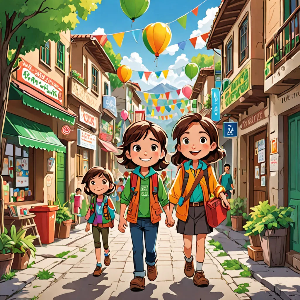 a couple of people walking down a street next to a tree and buildings with balloons flying above them and a woman holding the hand of a child, lyco art, a storybook illustration, Diego Gisbert Llorens, official art