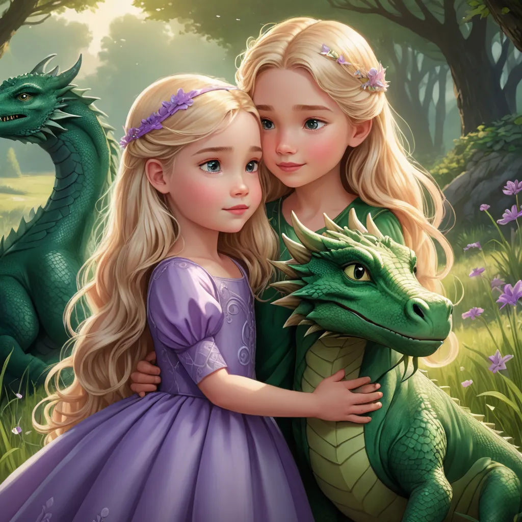 a painting of two girls hugging a dragon in a forest with flowers and trees in the background, with a green dragon, fantasy art, a storybook illustration, disney, official art
