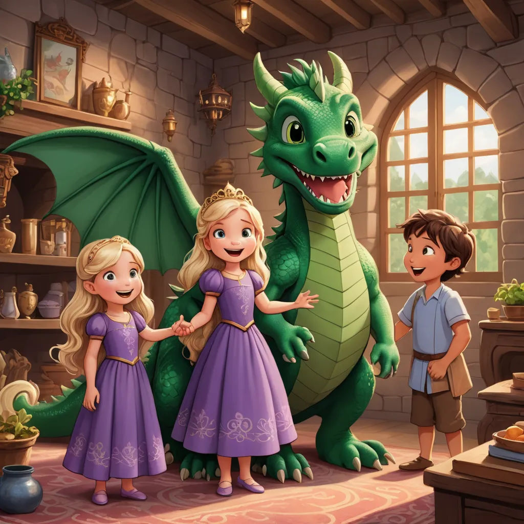 a group of children standing next to a dragon in a room with a fireplace and a window on the wall, sots art, a storybook illustration, disney, storybook illustration