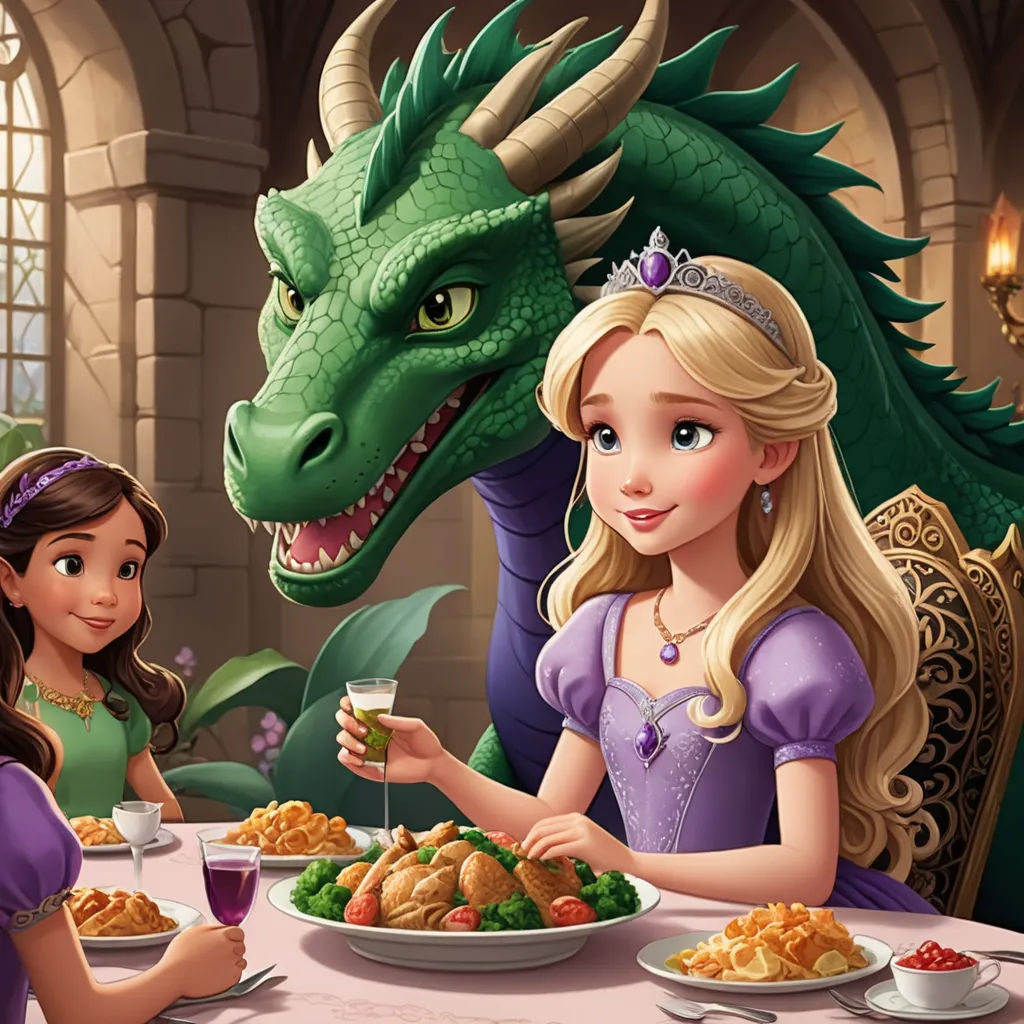 a cartoon of a princess and a dragon eating together at a table with food and drinks in front of them, sots art, a storybook illustration, disney, official art