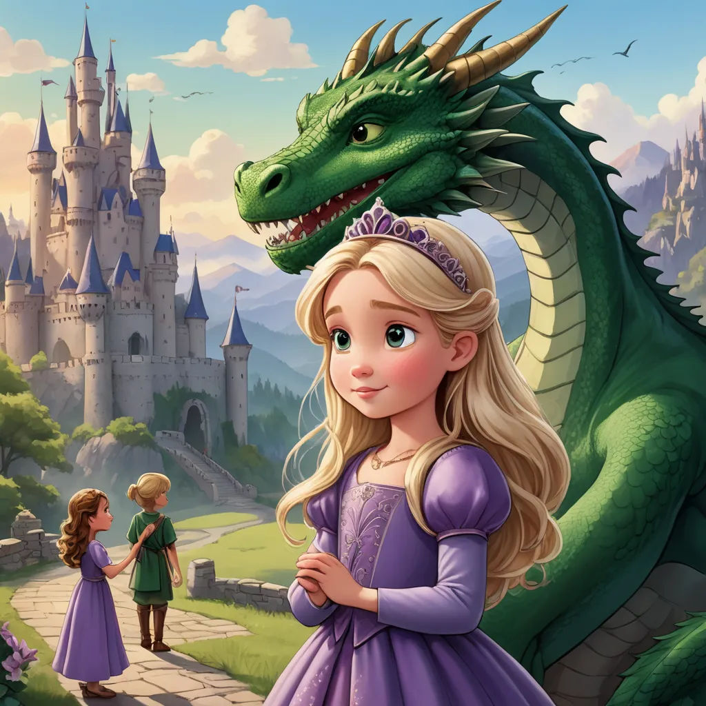 a girl in a purple dress standing next to a green dragon on a castle with a princess in front, fantasy art, a storybook illustration, disney, official art