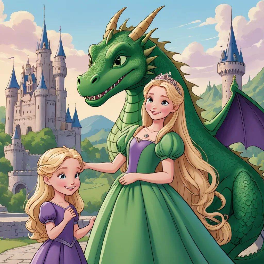 a princess and a dragon standing in front of a castle with a castle in the background and a castle in the foreground, fantasy art, a storybook illustration, disney, storybook illustration