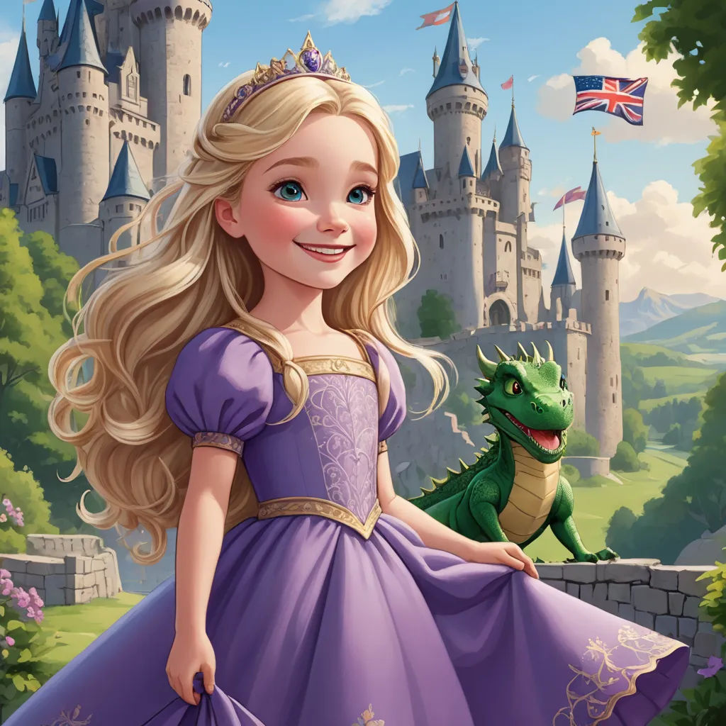 a cartoon girl in a purple dress standing next to a green dragon in front of a castle with a flag, fantasy art, a storybook illustration, disney, official art
