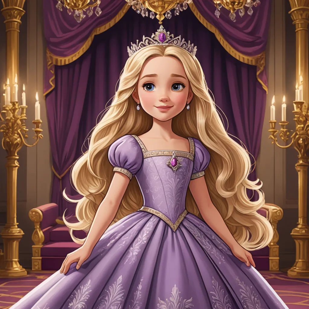 a cartoon of a princess in a purple dress with a tiara on her head and a purple dress with a gold crown, gothic art, a character portrait, disney, animated