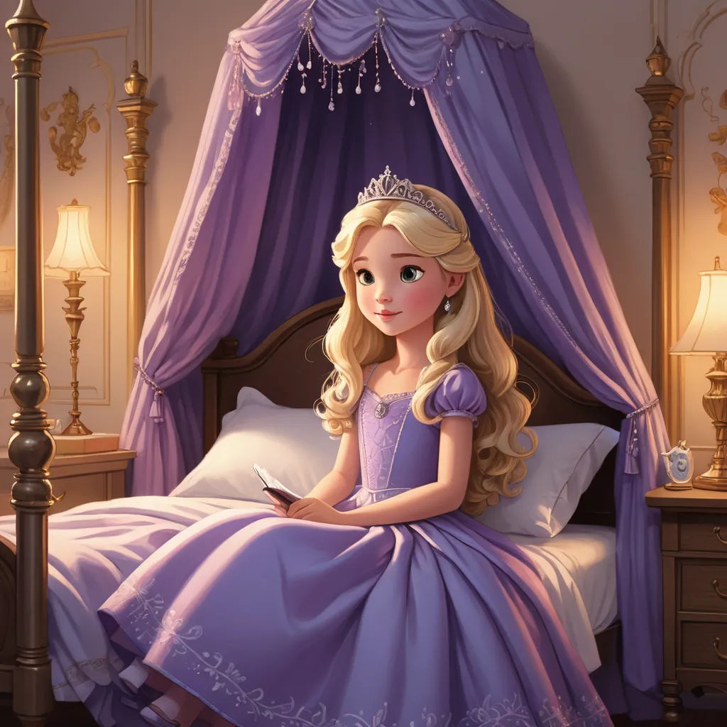 a cartoon of a princess sitting on a bed with a book in her hand and a lamp on the side, fantasy art, a storybook illustration, disney, rossdraws global illumination
