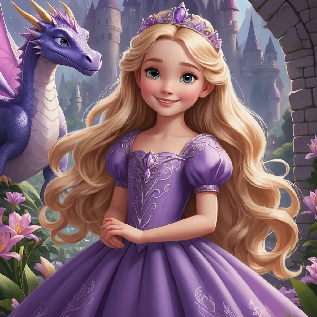 a cartoon girl in a purple dress standing next to a dragon in a castle with flowers and a bridge, fantasy art, a storybook illustration, disney, official art