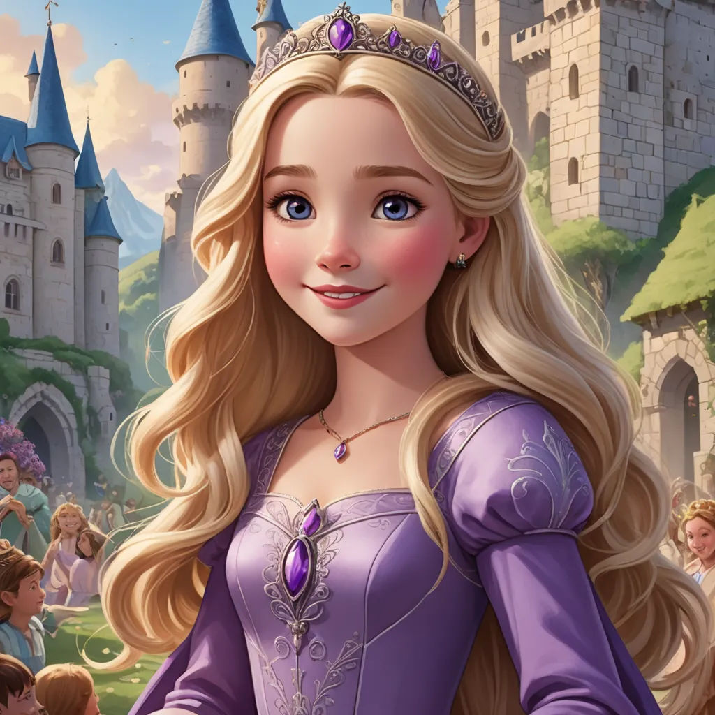 a cartoon of a princess in a purple dress with a tiara on her head and a crowd of people behind her, fantasy art, a character portrait, disney, official art